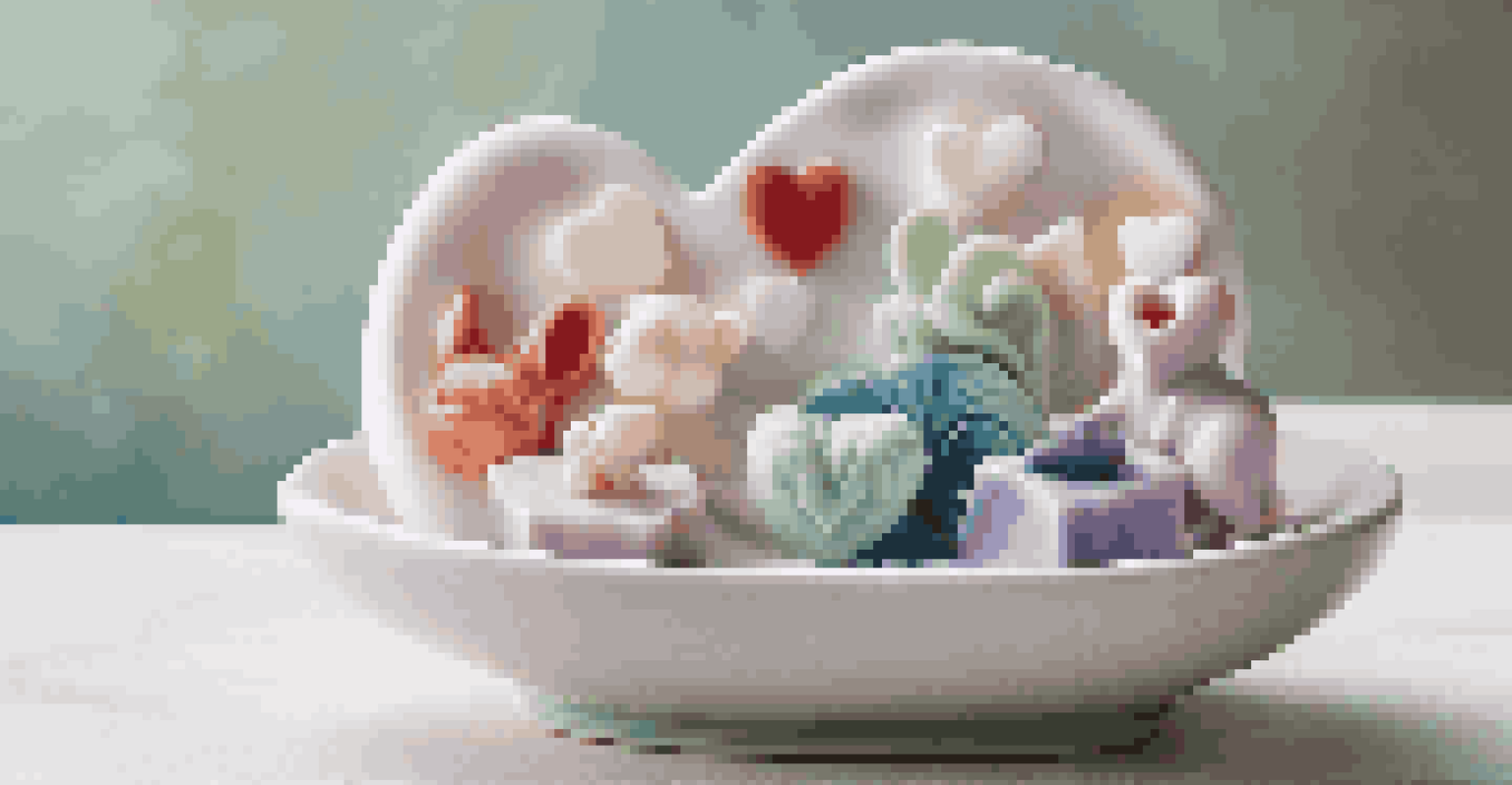 A collection of soap sculptures in different shapes, displayed on a porcelain dish with a blurred background.