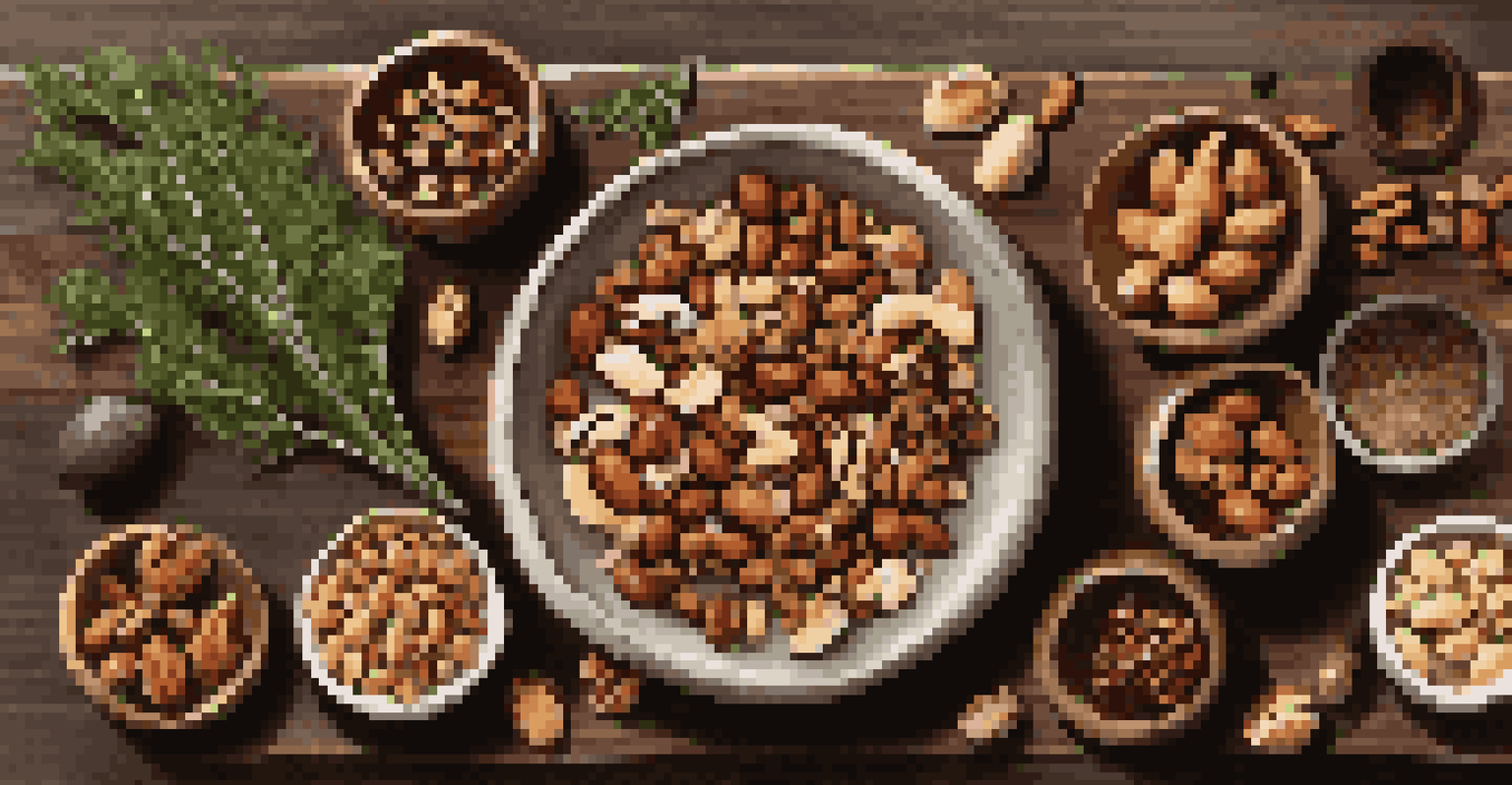 A platter of roasted nuts and seeds garnished with herbs on a rustic wooden table.