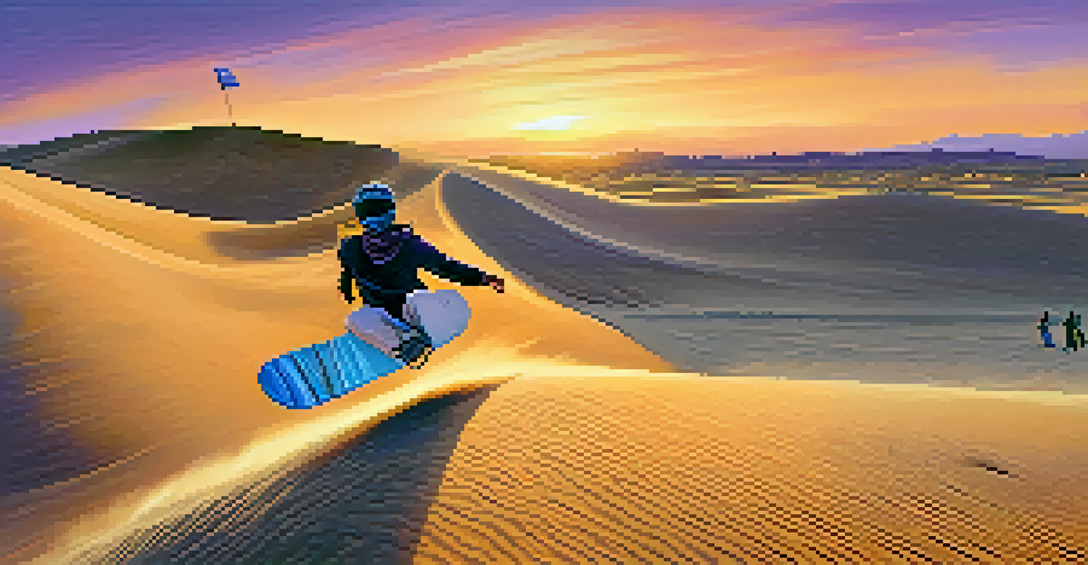 A person sandboarding down golden sand dunes in Peru during sunset, with vibrant colors of the sky and flying sand enhancing the sense of adventure.