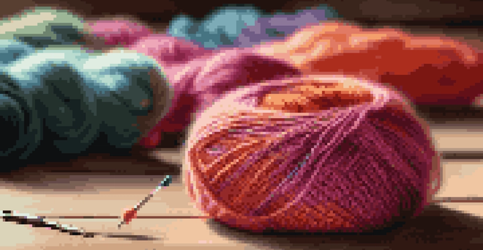 A colorful crochet hook and a skein of vibrant yarn on a wooden table, illuminated by warm light, with a partially finished crochet project in the background.
