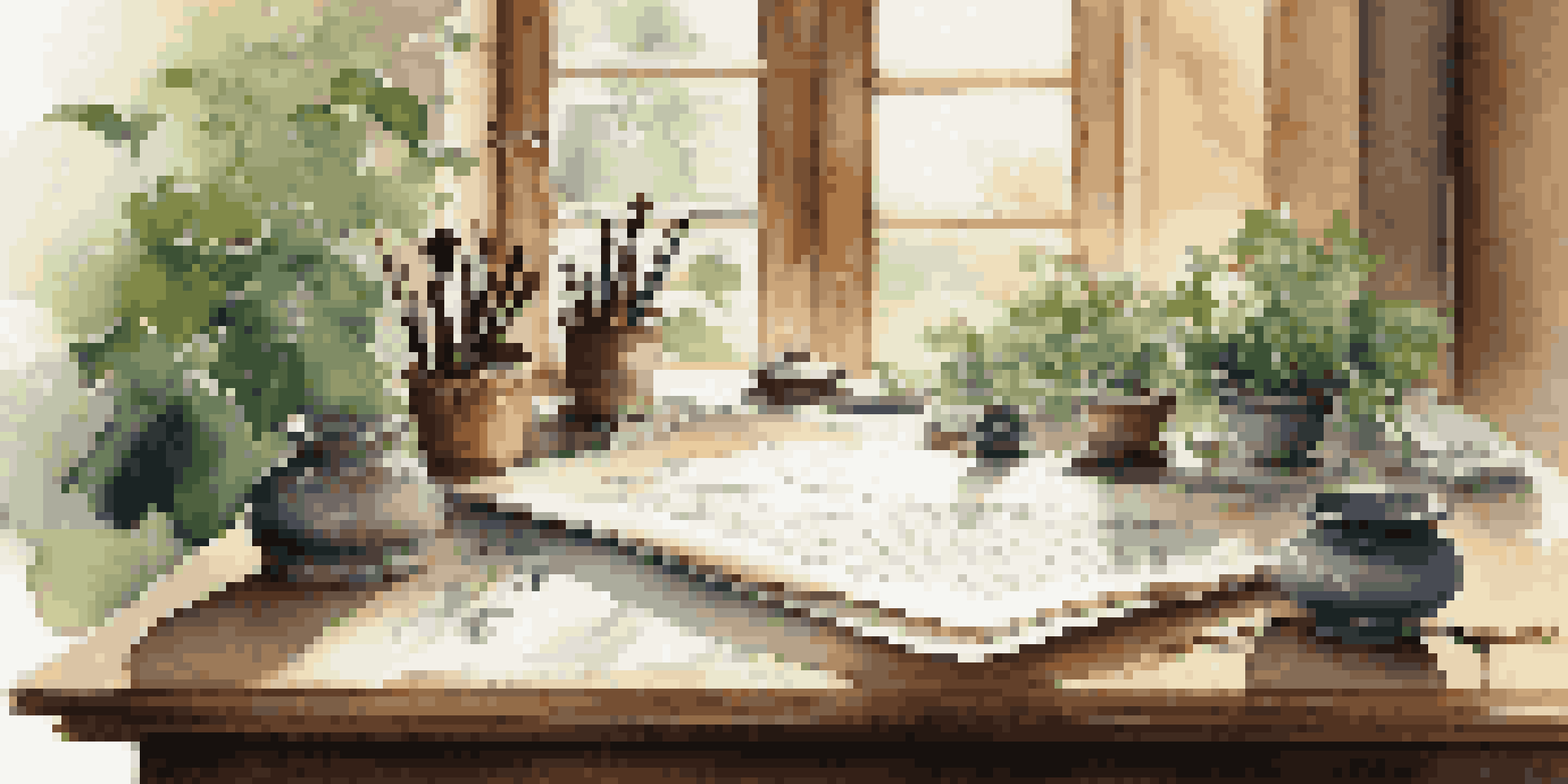A calm workspace with a calligraphy set on a wooden desk, illuminated by natural light, featuring ink swirls on parchment and colorful ink pots.