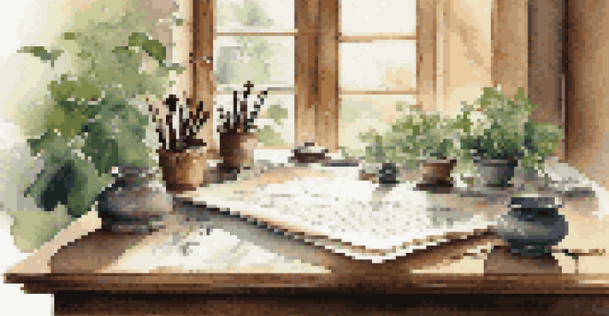 A calm workspace with a calligraphy set on a wooden desk, illuminated by natural light, featuring ink swirls on parchment and colorful ink pots.