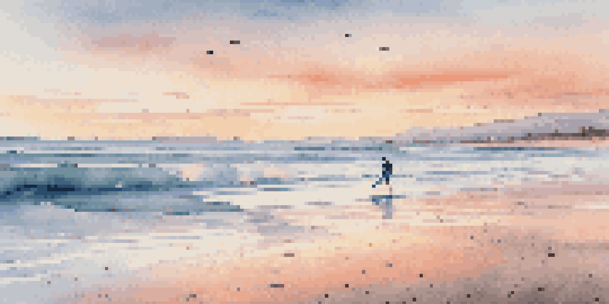 A calm beach at sunrise with a surfer paddling out on a soft-top surfboard, surrounded by gentle waves and a colorful sky.