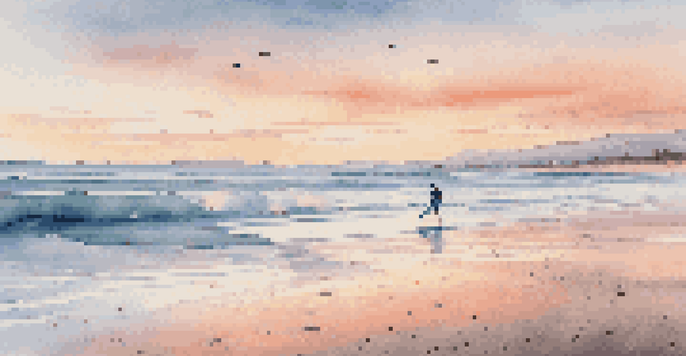 A calm beach at sunrise with a surfer paddling out on a soft-top surfboard, surrounded by gentle waves and a colorful sky.