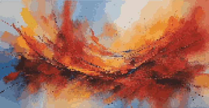 An abstract painting showcasing warm colors like red and orange against a cool blue background with dynamic brush strokes and textures.