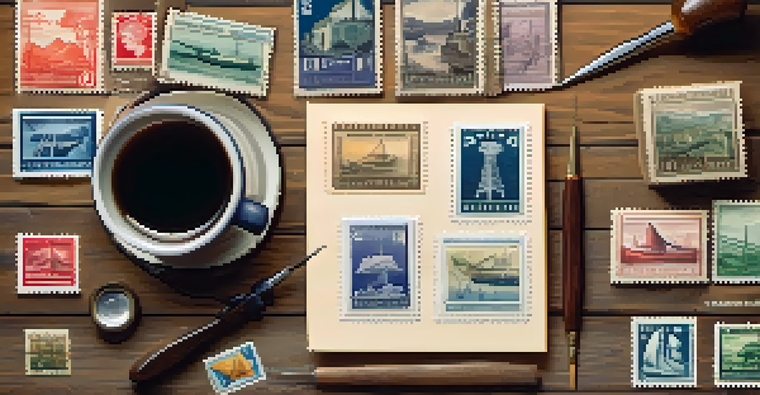 A flat lay of vintage stamps with a magnifying glass and philately book on a wooden table.