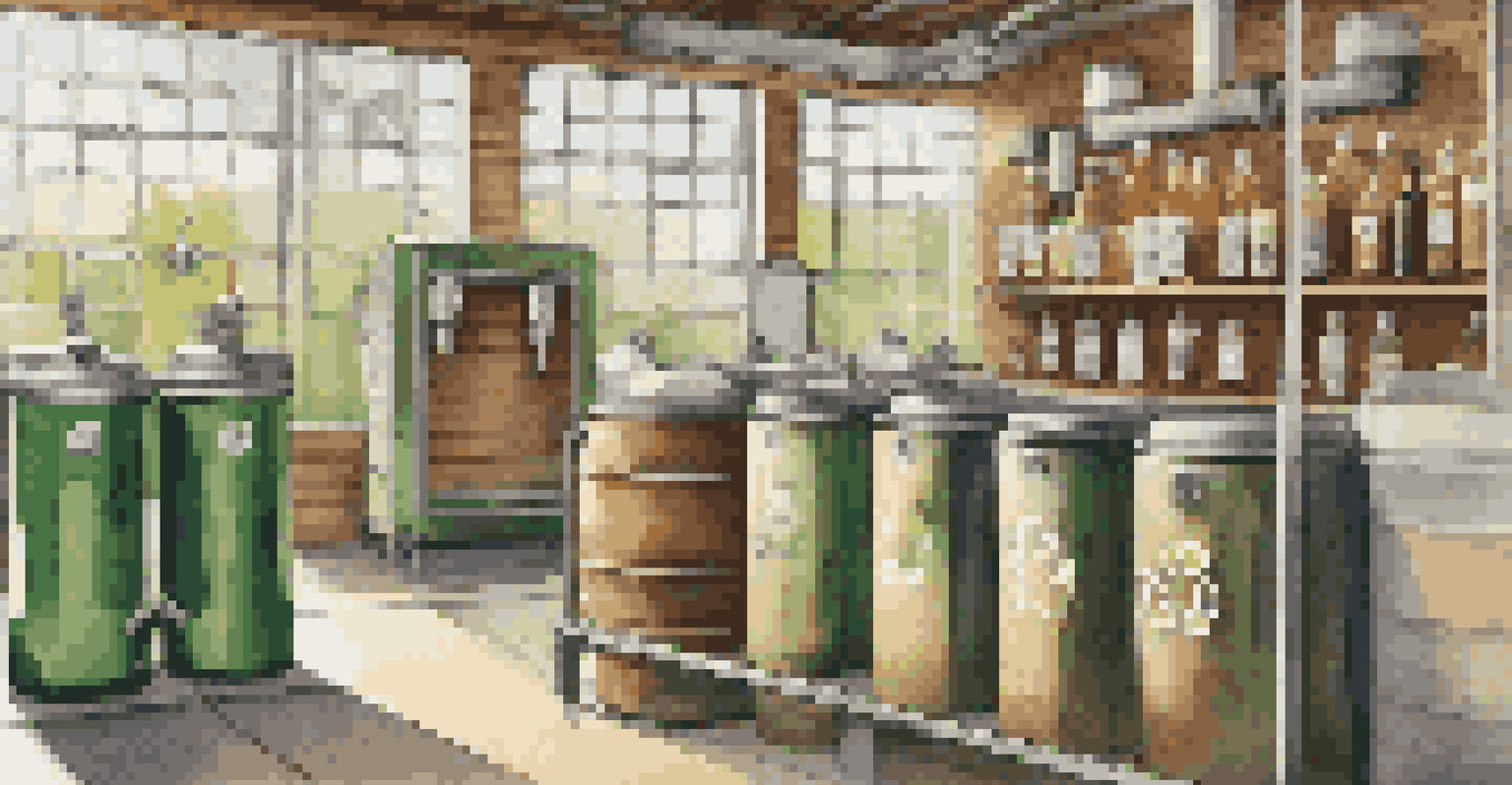 A recycling station for home brewers with reusable growlers and biodegradable labels, illuminated by natural light.