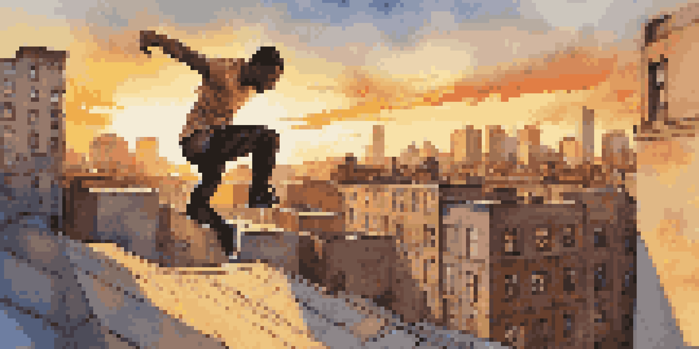 A diverse group of parkour practitioners performing dynamic moves on city rooftops during sunset, with graffiti art in the background.