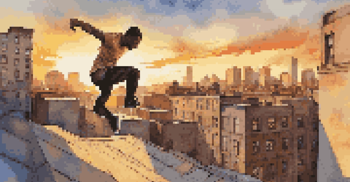 A diverse group of parkour practitioners performing dynamic moves on city rooftops during sunset, with graffiti art in the background.