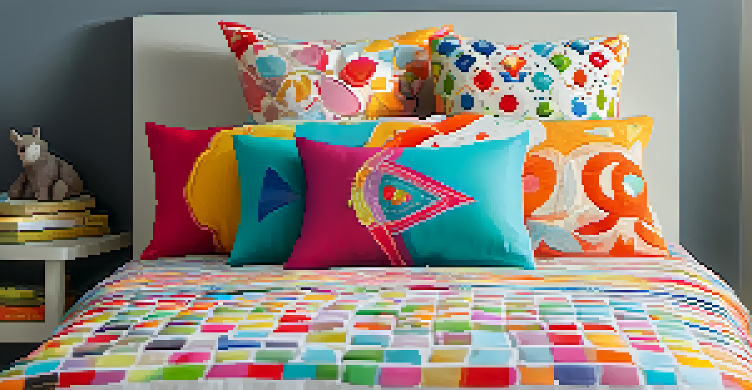 A vibrant and customized pillow cover on a bed, showcasing a child's sewing creativity with decorative stitches and playful patterns.