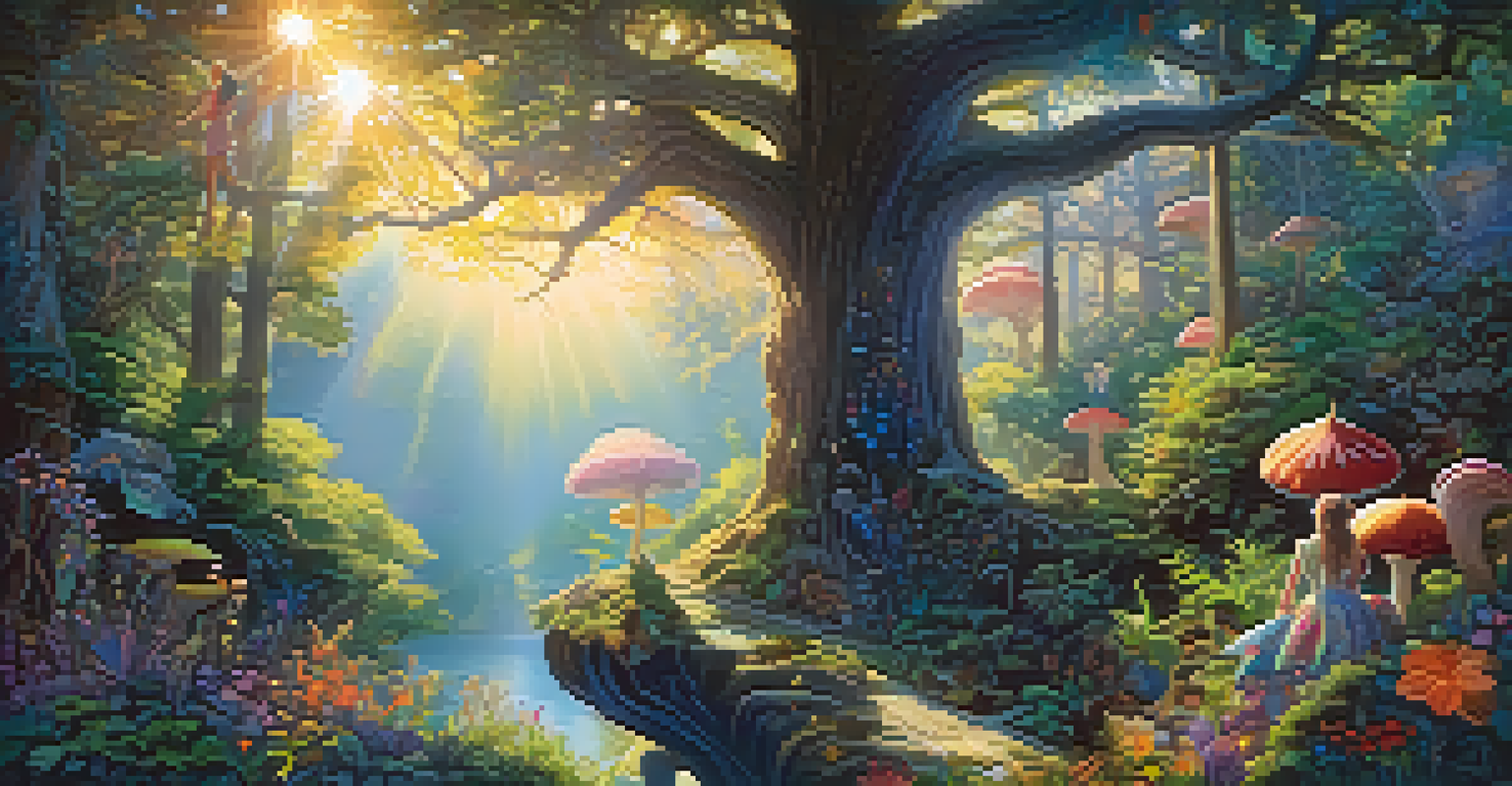 A person at the edge of a magical forest, holding an open book, surrounded by colorful plants and mythical creatures.