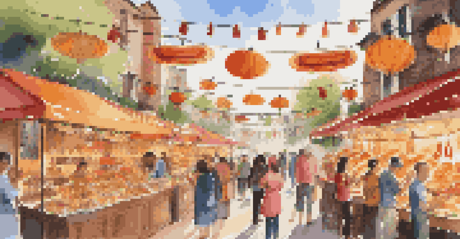 A vibrant food festival scene featuring diverse food stalls with people sampling various cuisines, illuminated by string lights.