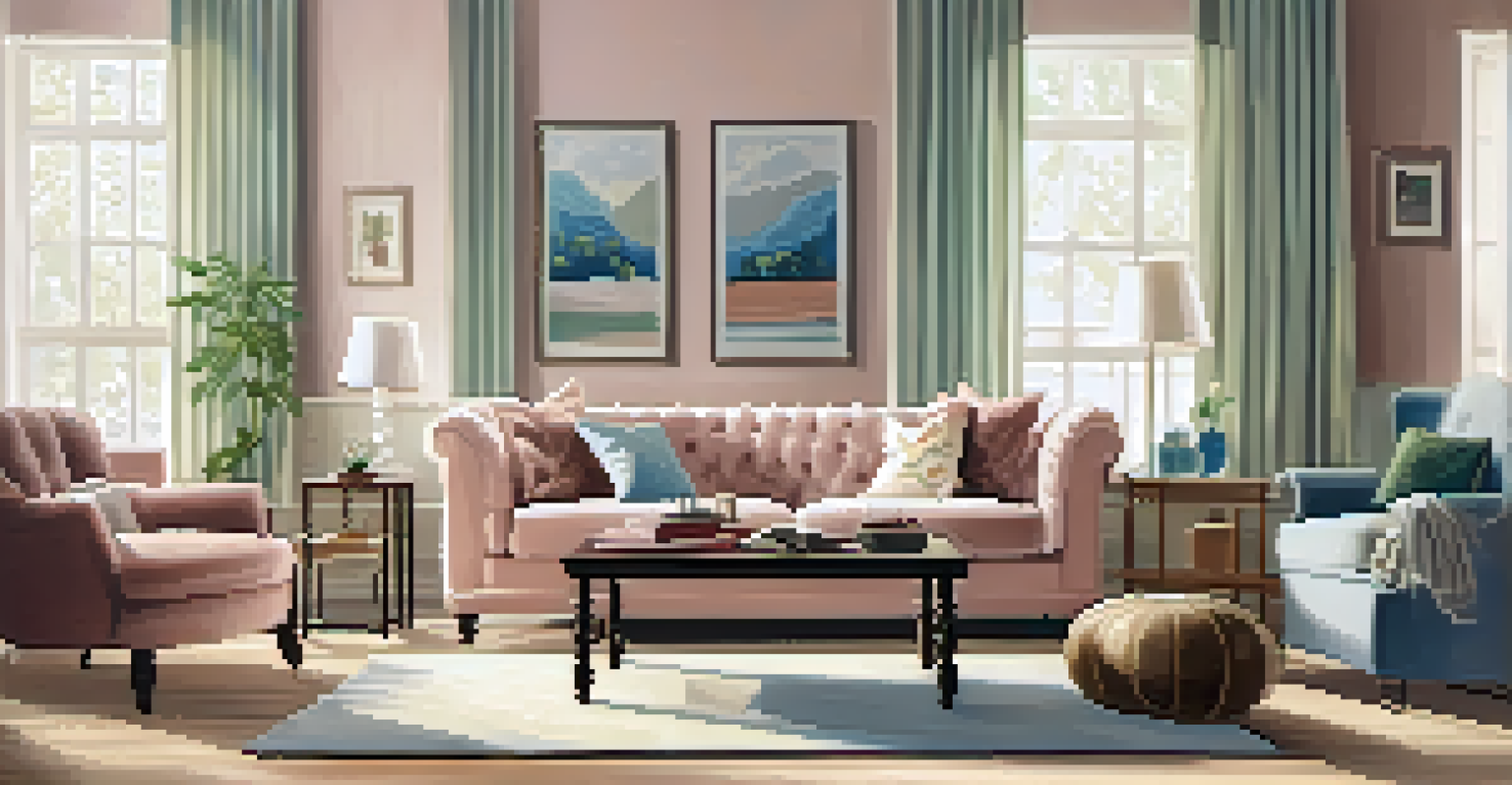 A cozy living room with a soft pastel tufted rug on wooden flooring, surrounded by comfortable furniture and warm sunlight.