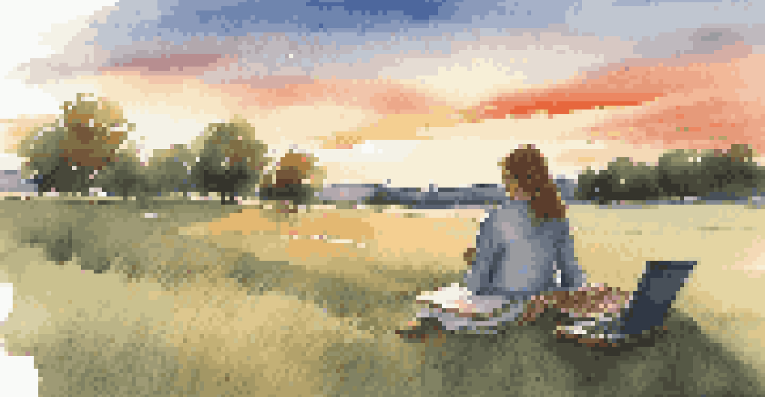 A writer sitting on a blanket in a grassy field at sunset, writing in a notebook with a picnic basket nearby.
