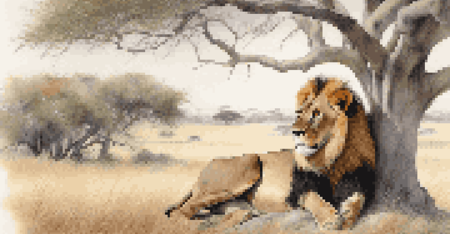 A close-up of a lion lying under a tree, with a blurred savannah landscape in the background, showcasing the lion's majestic features.