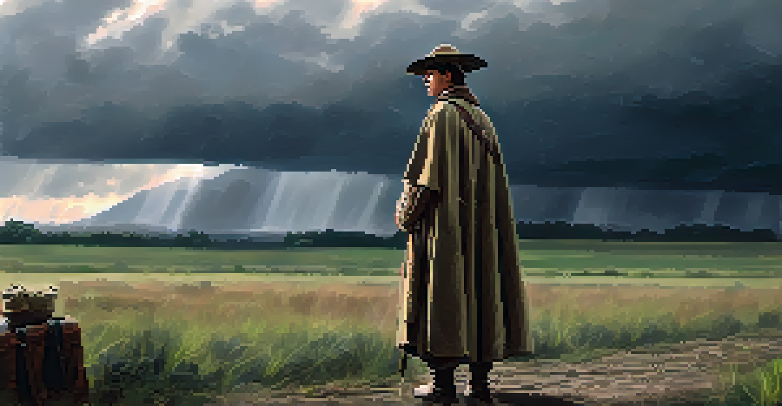 A reenactor in layered clothing checks their gear outdoors with dark clouds and sunlight in the background.