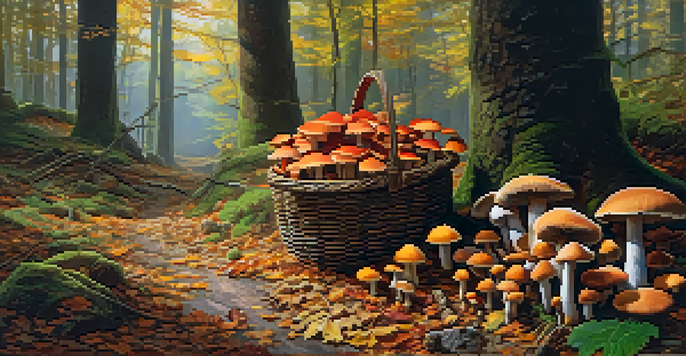 A serene forest scene with colorful wild mushrooms and a wicker basket, illuminated by soft sunlight.