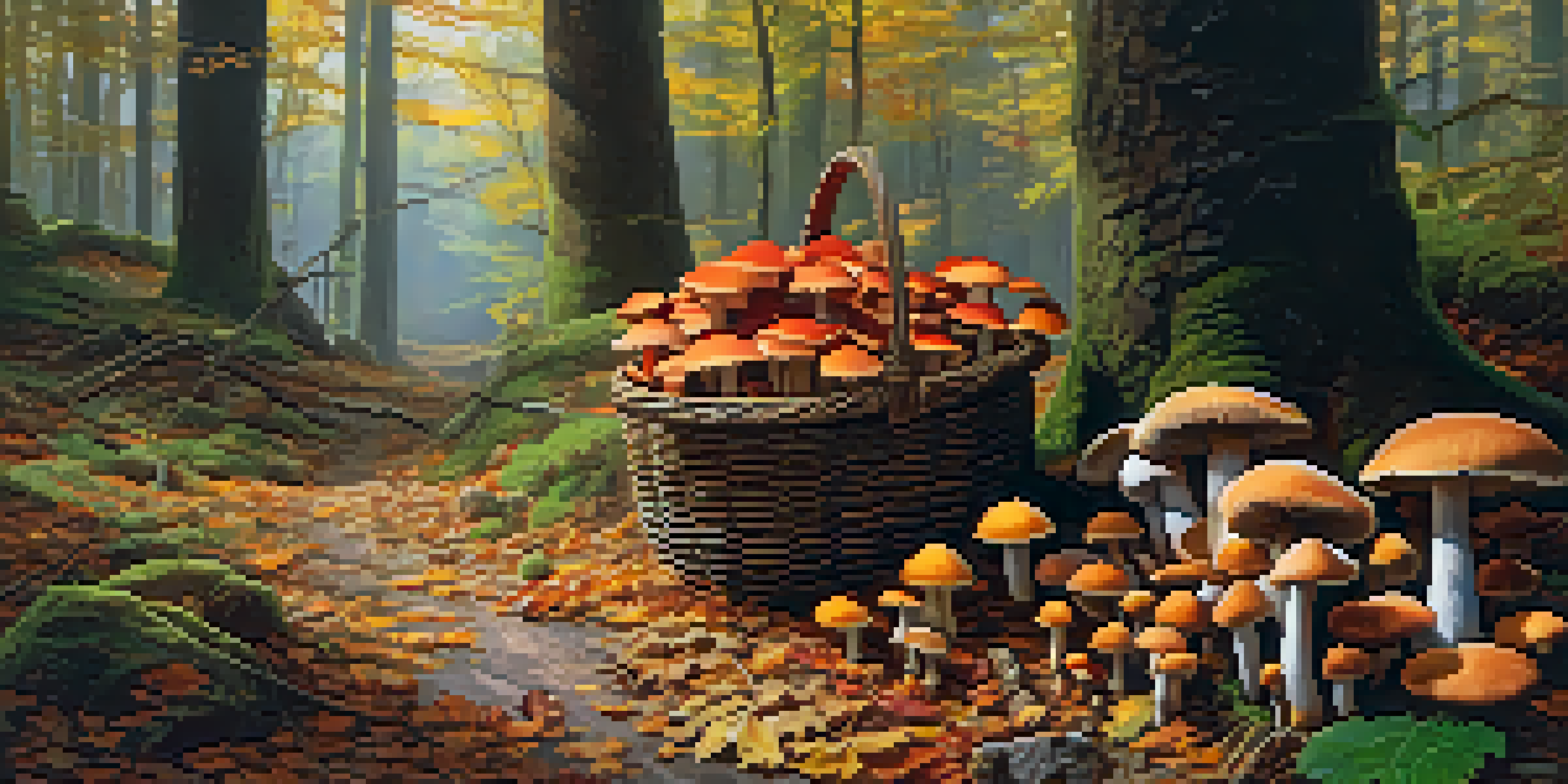 A serene forest scene with colorful wild mushrooms and a wicker basket, illuminated by soft sunlight.