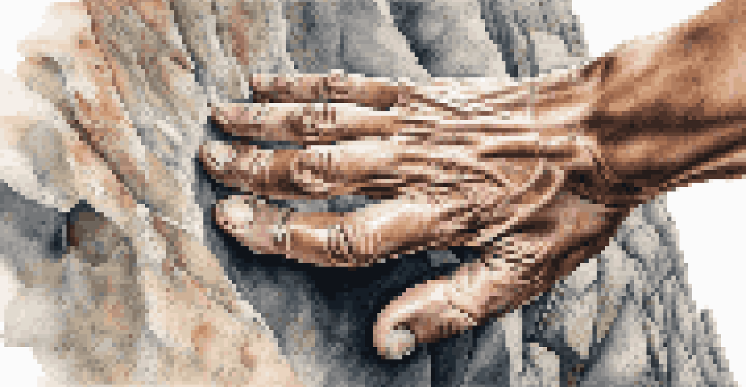 A close-up of a climber's hands gripping a rock hold with chalk dust visible.