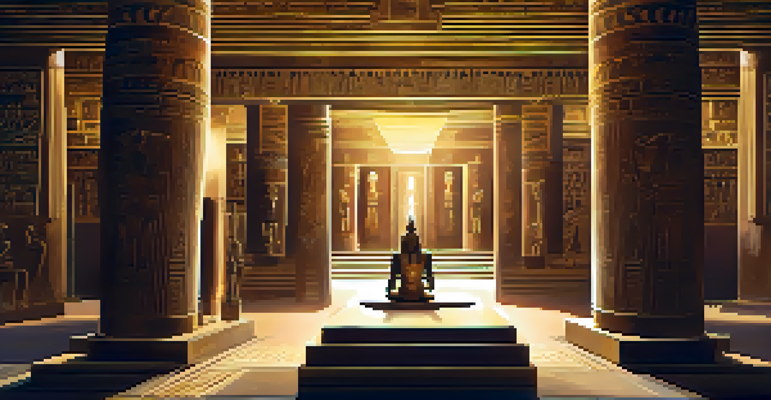 An ancient Egyptian pharaoh meditating in a chamber filled with hieroglyphics and glowing lights.