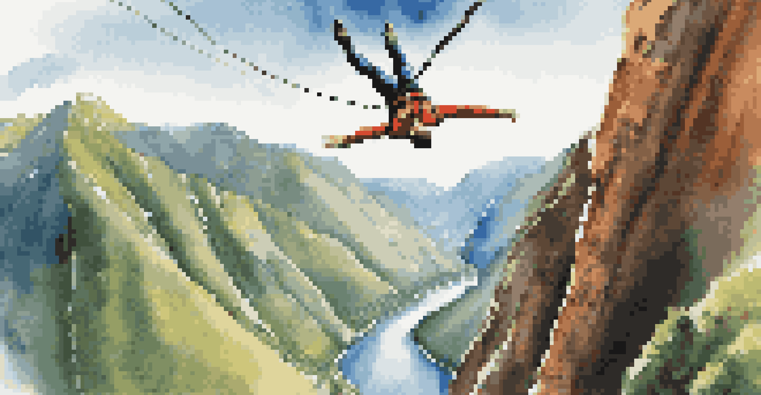 Aerial view of a bungee jumper falling through the air with mountains and a river below, displaying vibrant colors.