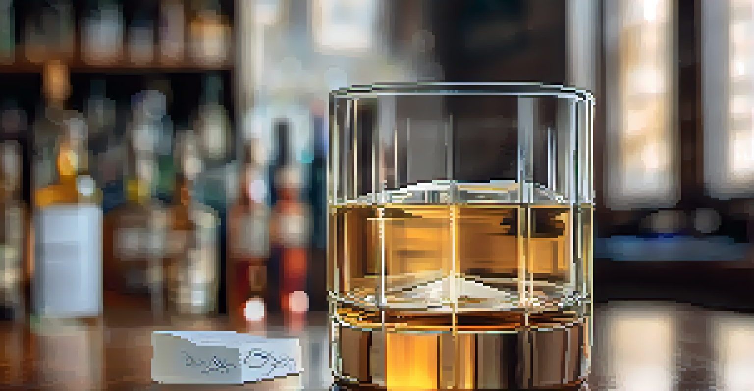 A close-up of a clear distilled spirit in a tasting glass with a blurred background, and a notebook for notes beside it.