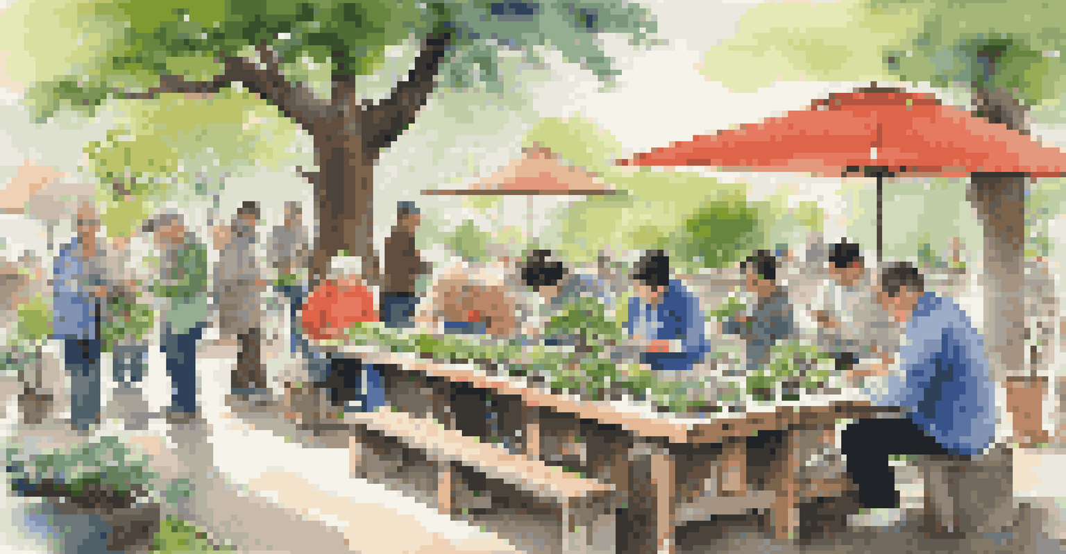 Members of a bonsai club participating in a workshop outdoors, pruning and styling miniature trees with a lush green park in the background.