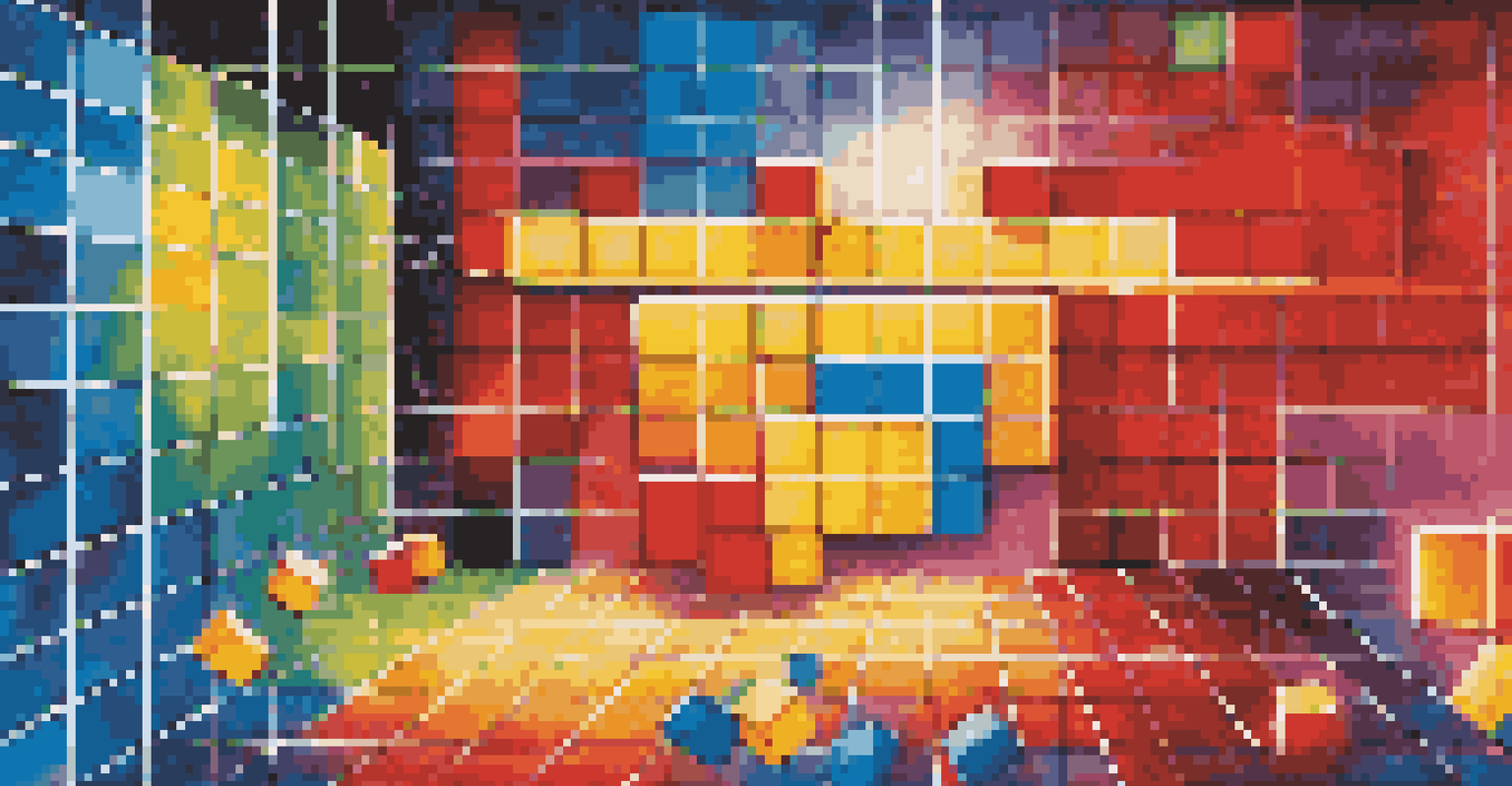 A vibrant display of falling Tetris blocks in a colorful grid background, representing the classic puzzle game.
