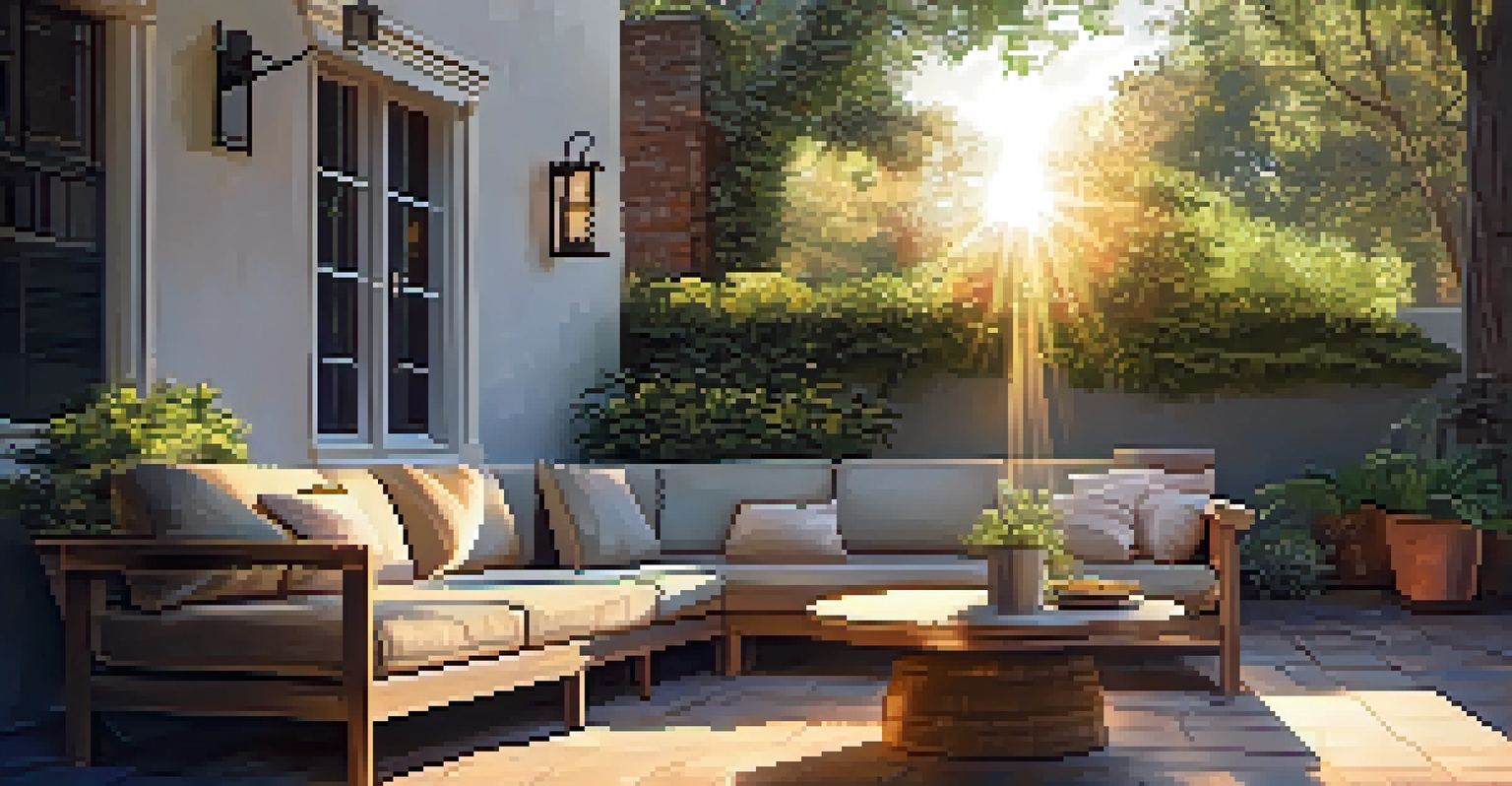 An outdoor patio during golden hour, with sunlight filtering through leaves, featuring a rustic table, cushions, and potted plants.
