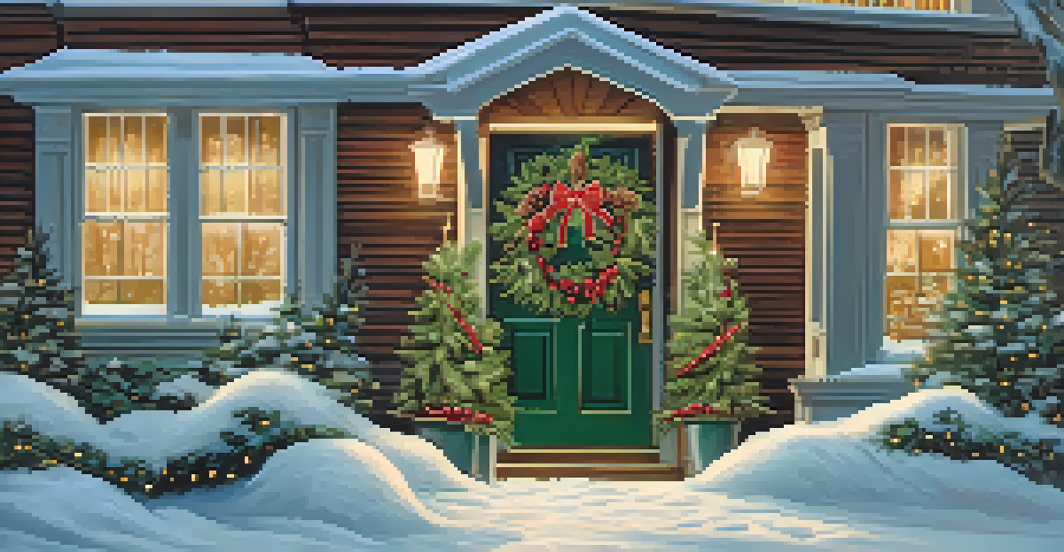 A winter wreath made of evergreen branches, red berries, and pinecones with twinkling lights, displayed in a snowy environment.