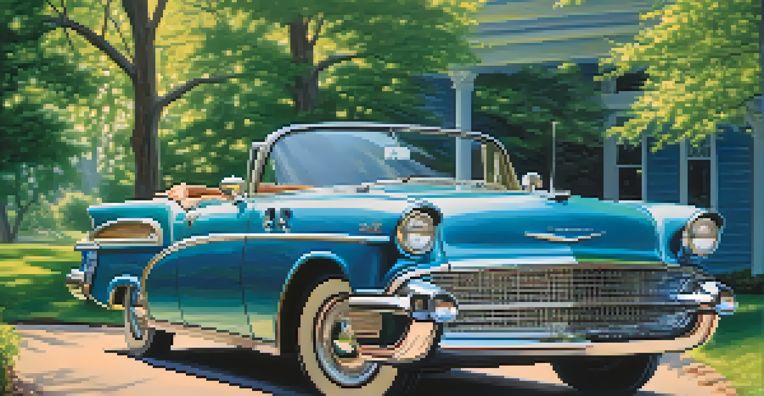 A freshly painted blue classic car parked outdoors, glistening in the sunlight with a scenic background of trees and a clear sky.