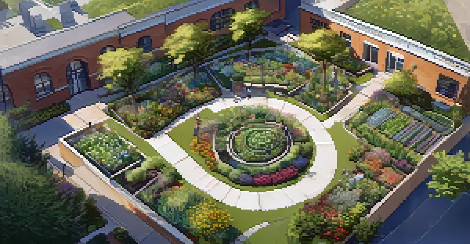 An aerial view of a structured community garden with individual plots, pathways, and native plants under warm sunlight.