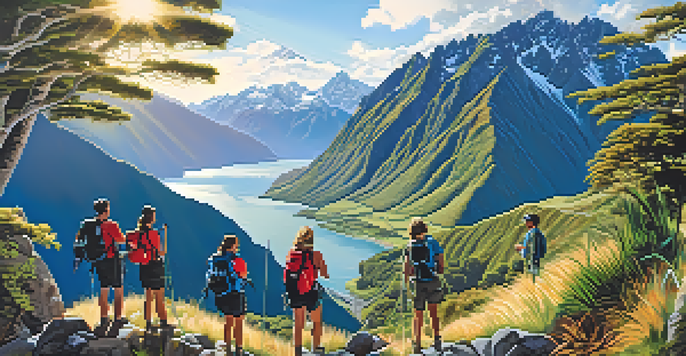 A group of adventure travelers preparing for a bungee jump off a scenic cliff in New Zealand, surrounded by lush greenery and mountains under a clear blue sky.