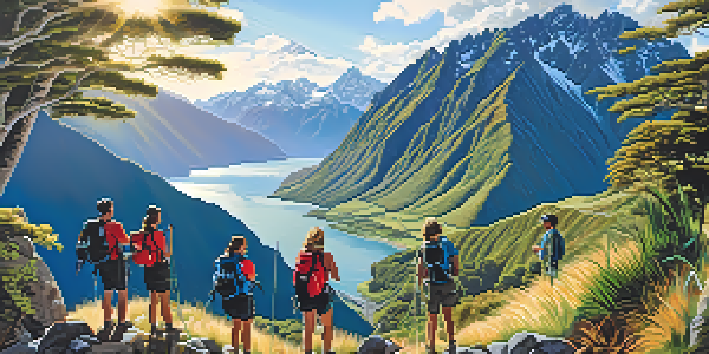 A group of adventure travelers preparing for a bungee jump off a scenic cliff in New Zealand, surrounded by lush greenery and mountains under a clear blue sky.