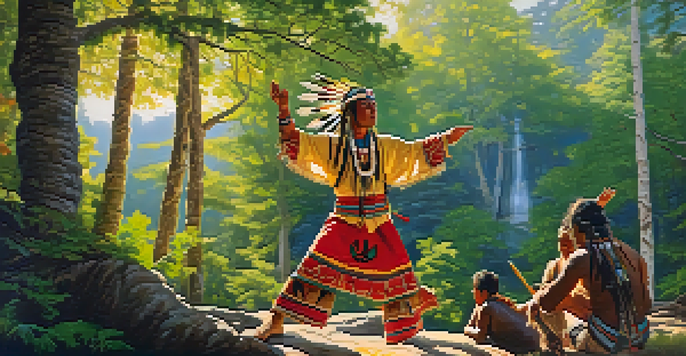 An indigenous shaman performing a dance in a natural setting, surrounded by trees and ceremonial items, illuminated by soft sunlight.