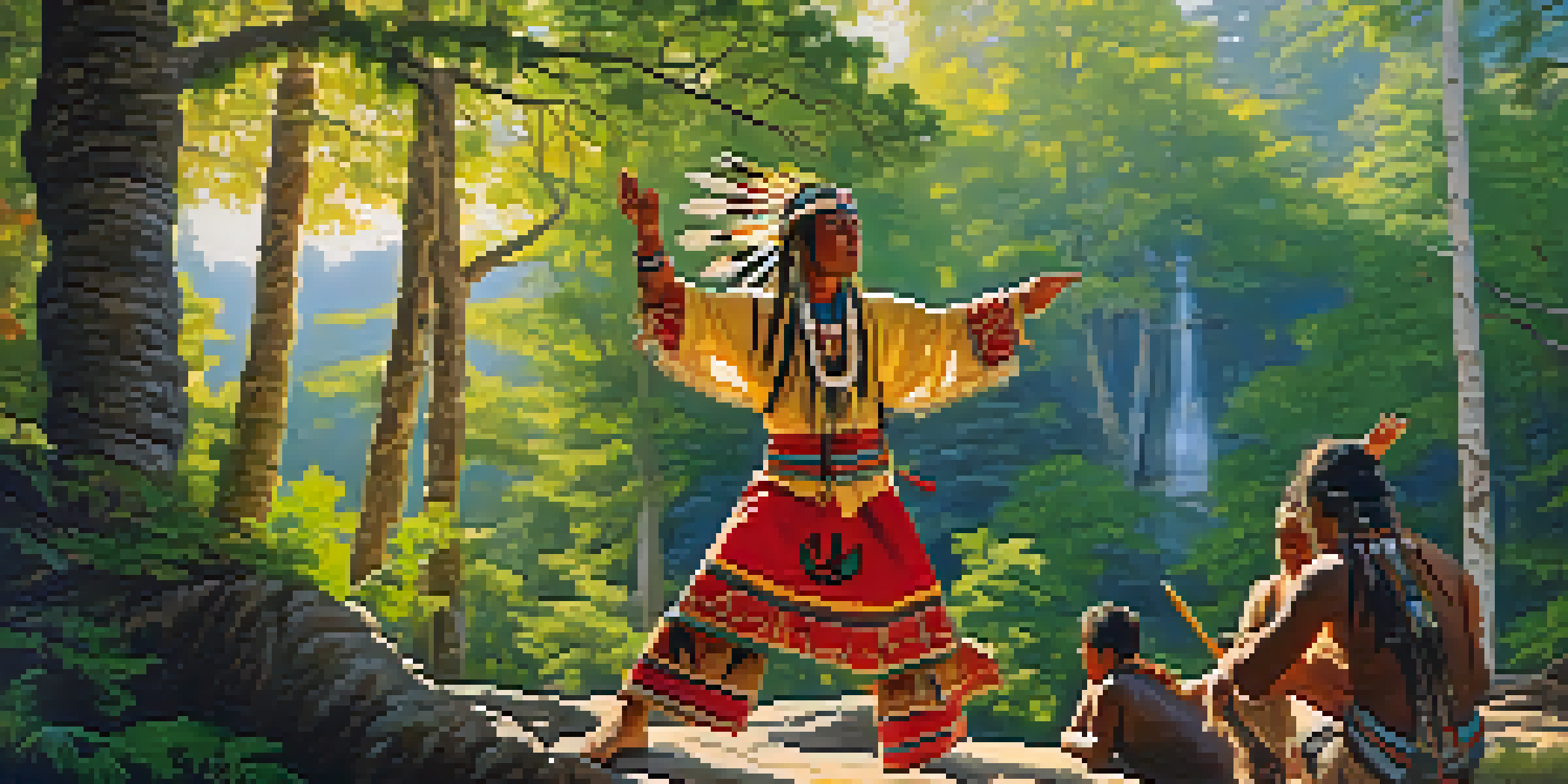 An indigenous shaman performing a dance in a natural setting, surrounded by trees and ceremonial items, illuminated by soft sunlight.