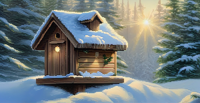 A wooden birdhouse surrounded by snow-covered evergreen trees, with sunlight shining through the branches.