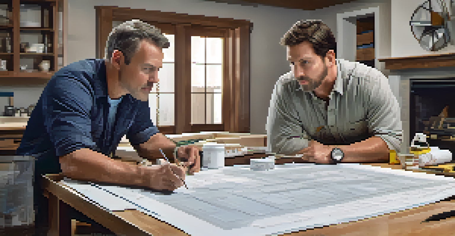 A contractor and homeowner discussing renovation plans over blueprints, surrounded by tools and paint swatches in a well-lit environment.