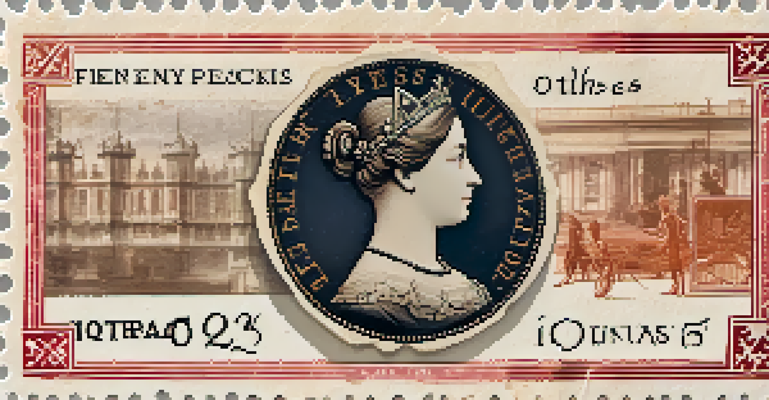 An artistic depiction of the Penny Black postage stamp with Queen Victoria's profile, set against a textured parchment background, surrounded by historical postal items.