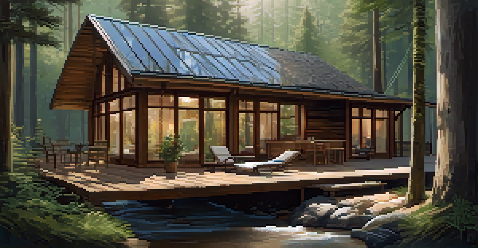 An eco-lodge in a forest with large windows, rustic furniture, and a hammock overlooking a stream.