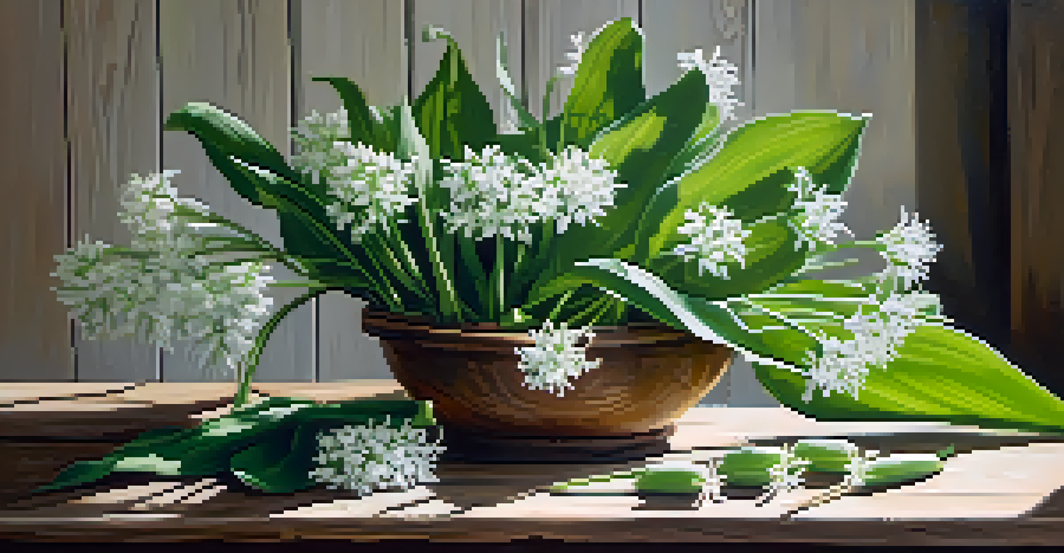 Arrangement of wild garlic leaves and flowers on a rustic wooden table.