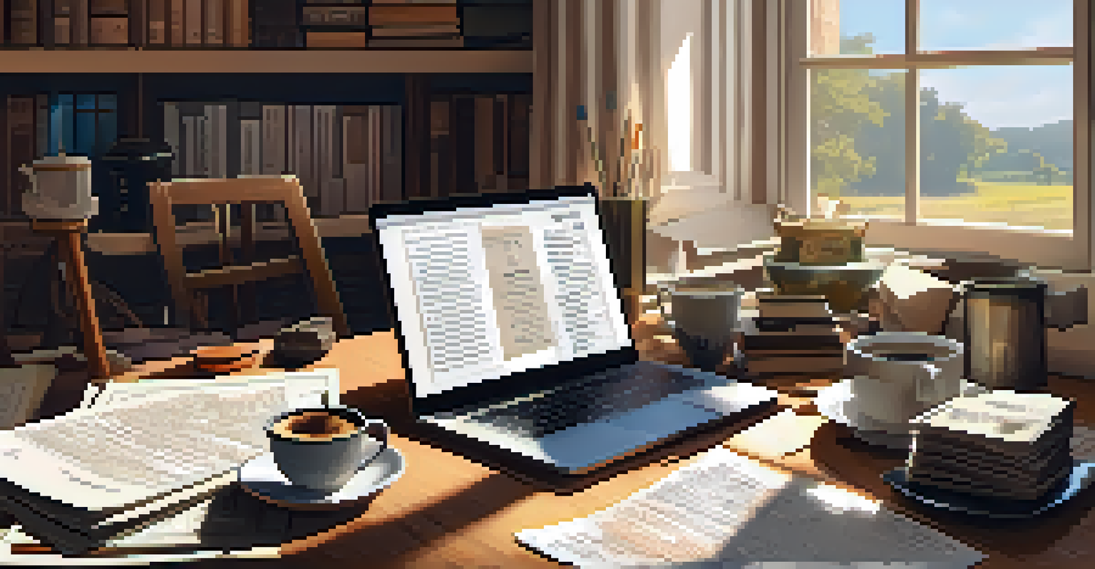 A workspace with a desk filled with genealogy documents, family photos, a laptop, and a cup of coffee, illuminated by natural light.