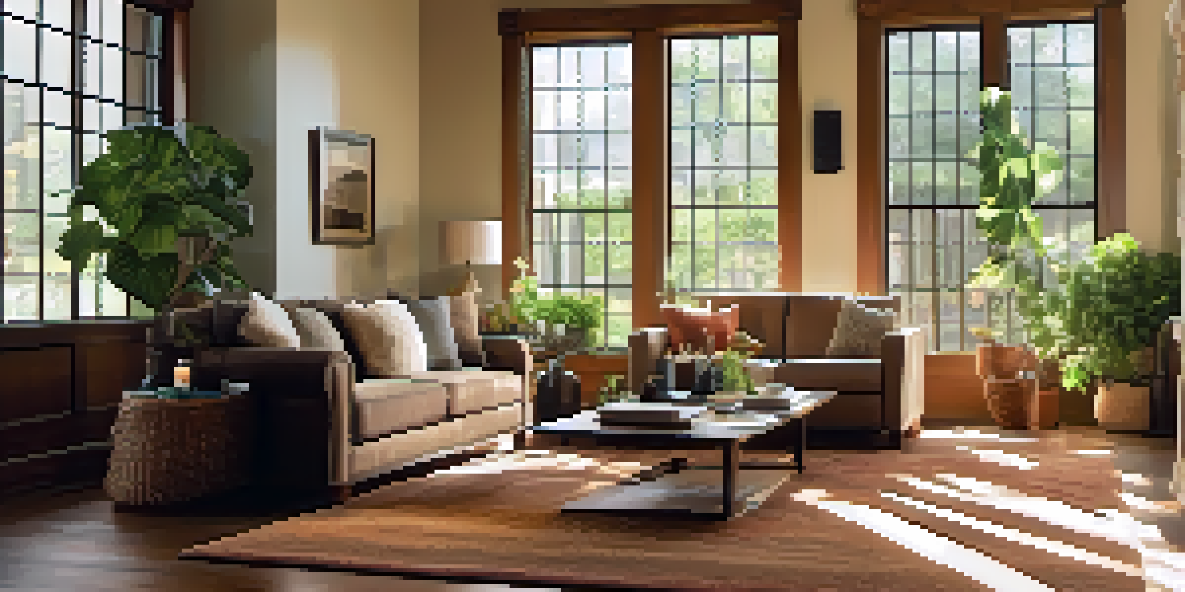 A warm living room with a handwoven wool rug in earthy colors, sunlight streaming in through large windows, and soft shadows on the hardwood floor.