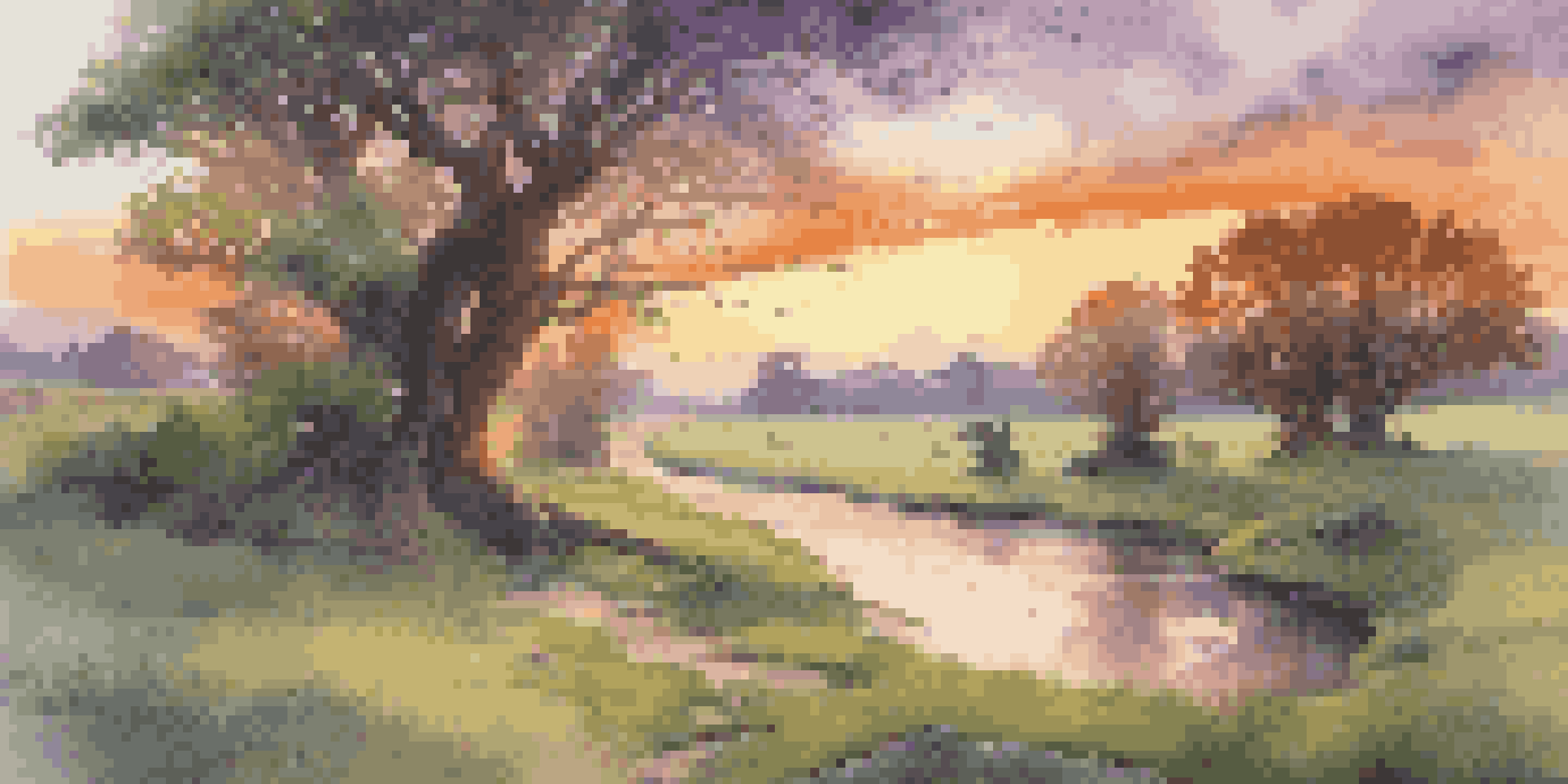 A peaceful meadow with an ancient tree and a river at sunset, showing the beauty of nature and the passage of time.