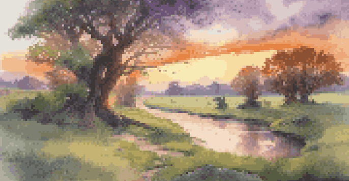 A peaceful meadow with an ancient tree and a river at sunset, showing the beauty of nature and the passage of time.