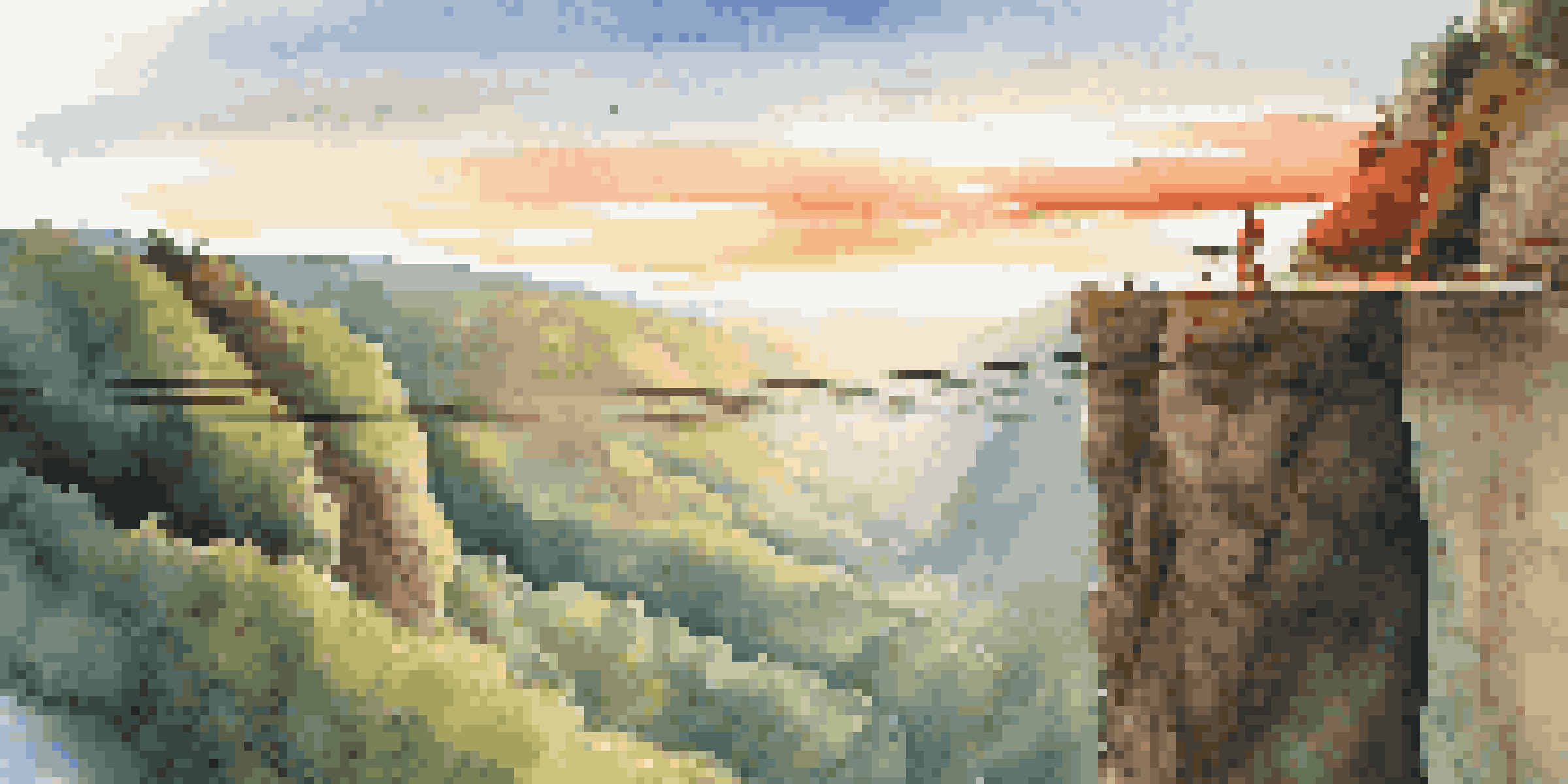 A person standing at the edge of a bungee jumping platform, looking out over a green valley during sunset, wearing a red harness.