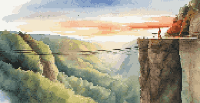 A person standing at the edge of a bungee jumping platform, looking out over a green valley during sunset, wearing a red harness.