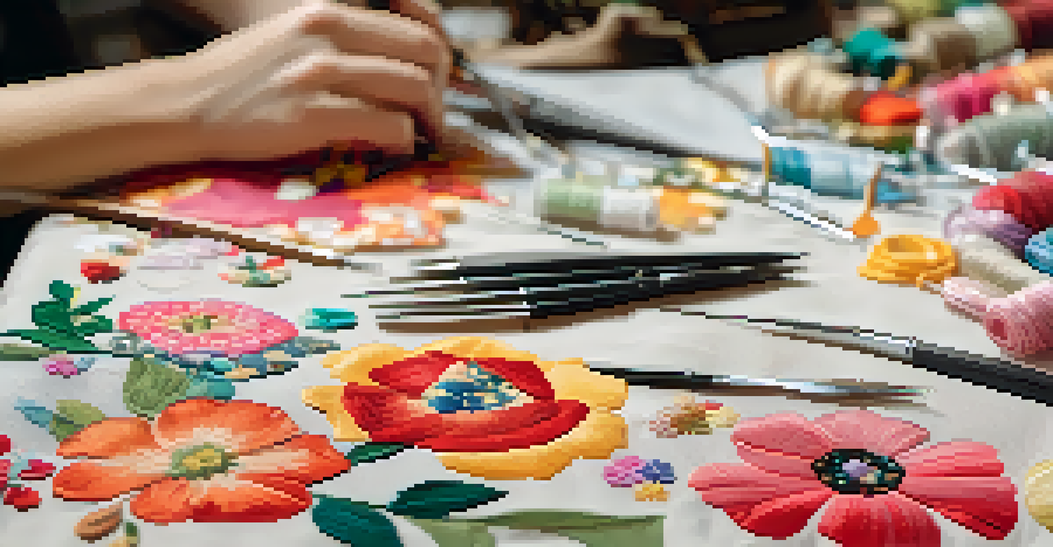 Close-up of hands pinning floral fabric pieces together on a sewing table, with sewing tools visible.