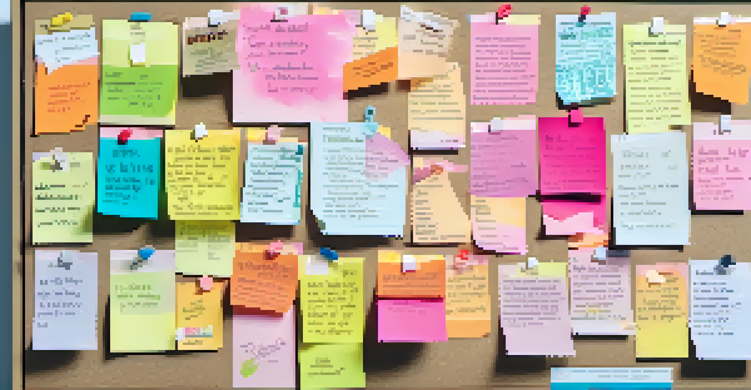 A corkboard filled with colorful sticky notes displaying different journaling prompts, surrounded by art supplies.