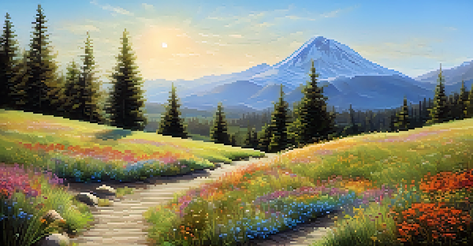 A winding path through a colorful meadow with a person walking mindfully, surrounded by flowers and mountains in the background.